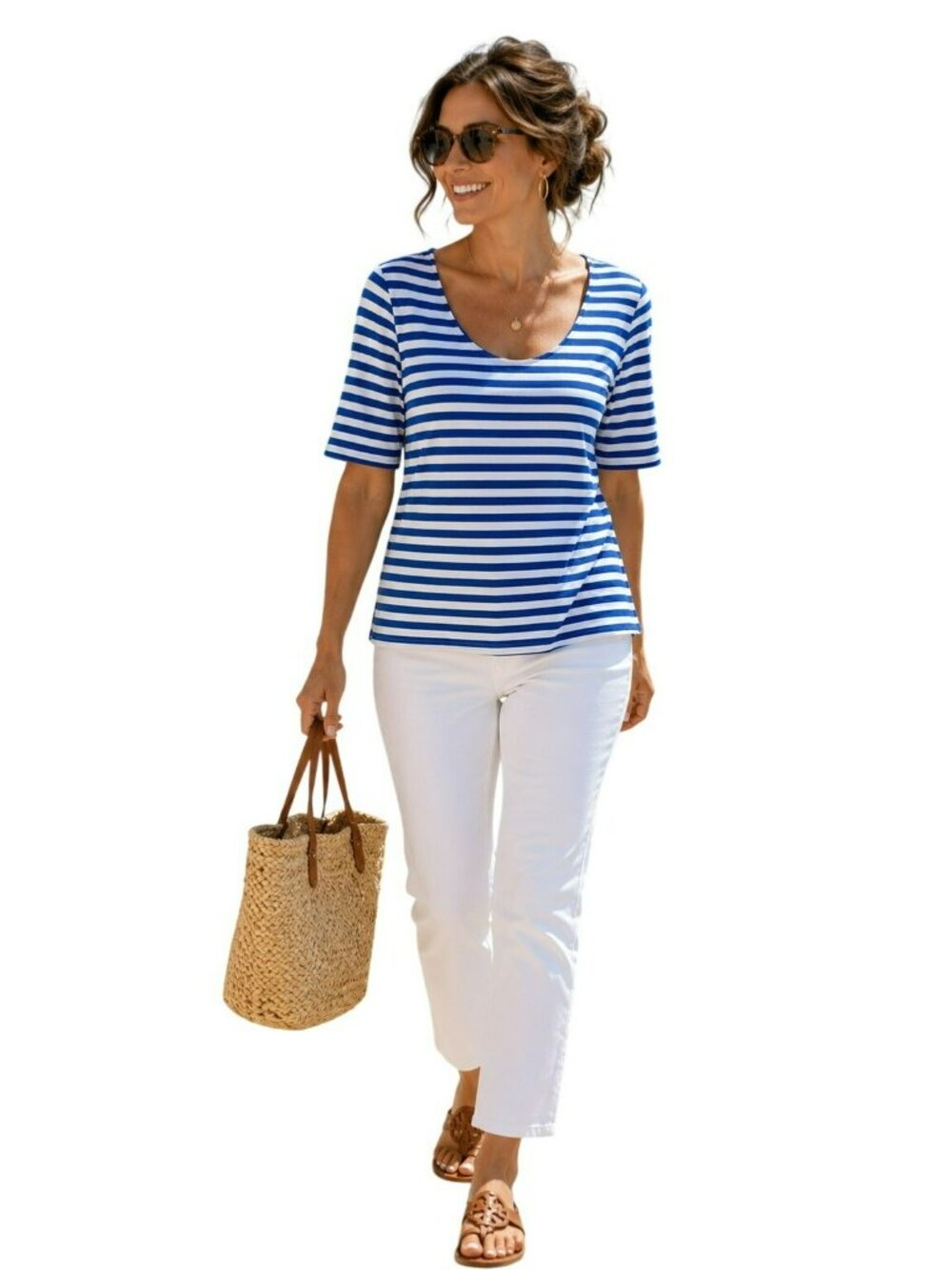 Lauren Ralph Lauren Scoop Neck Striped Short Sleeve Top Womens XL Blue White - Picture 2 of 10